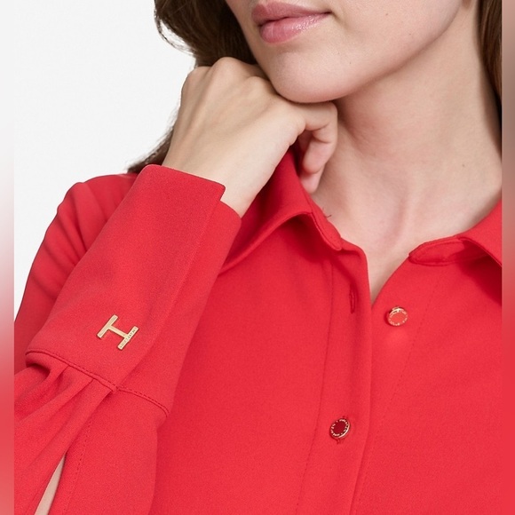 NWT Halston Red Long-Sleeve Scuba Crepe Belted Shirt Dress Sz 12 - Picture 4 of 9